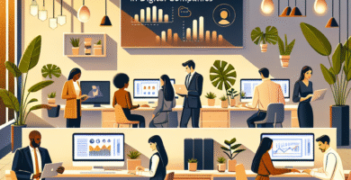 Moderne HR i digitale bedrifter: et stilrent kontormiljø med mennesker i hybrid arbeidssituasjon, skjermvisninger med HR-analytikk og en varm, inkluderende atmosfære
