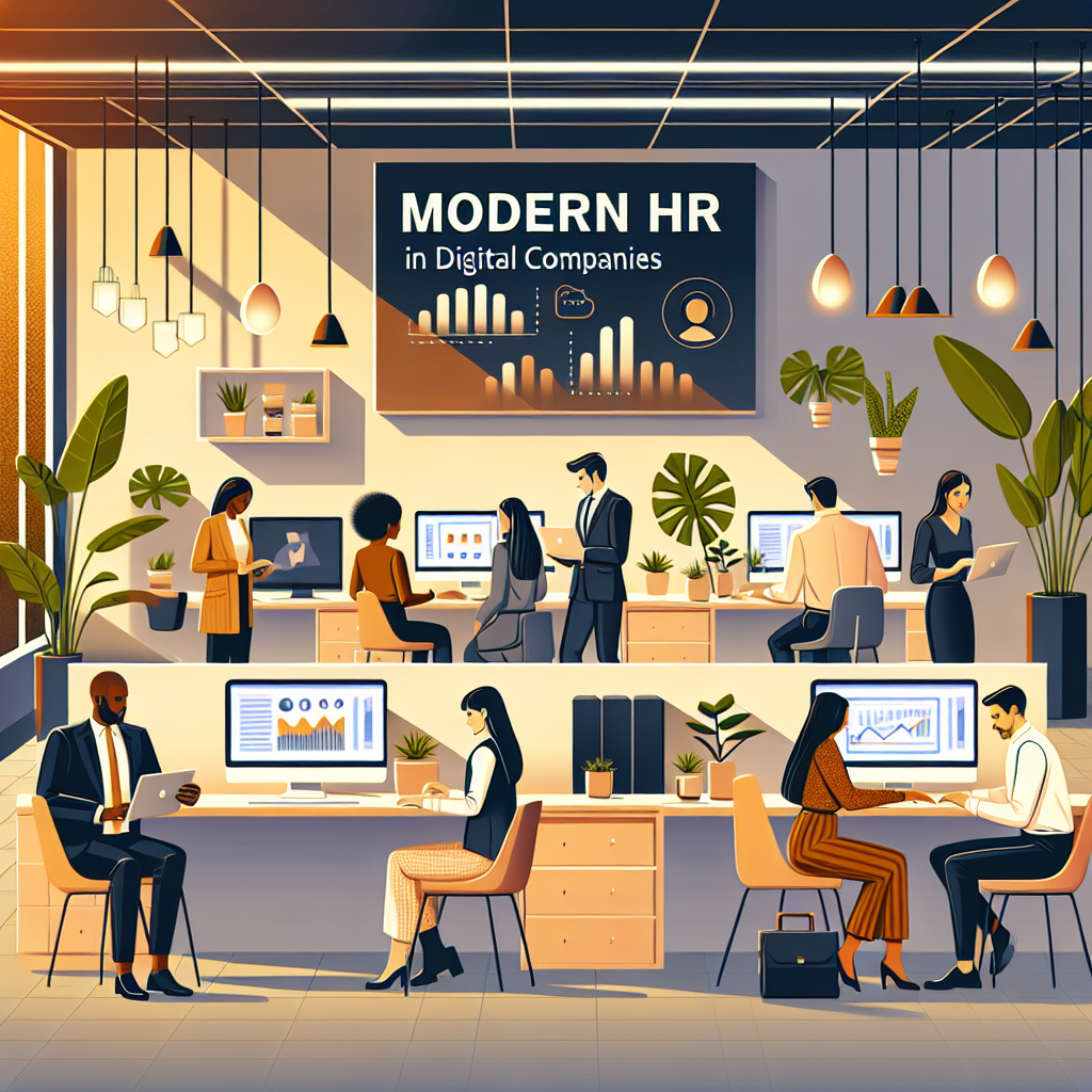 Moderne HR i digitale bedrifter: et stilrent kontormiljø med mennesker i hybrid arbeidssituasjon, skjermvisninger med HR-analytikk og en varm, inkluderende atmosfære