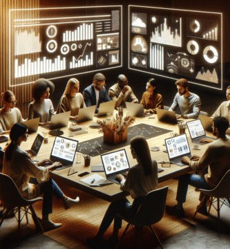 Moderne digitalt team i møte: mangfoldig gruppe rundt et bord med laptop, skjermer med grafer, varm atmosfære og nordisk lys, stilisert foto
