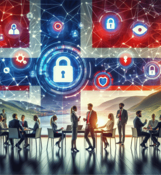 Moderne kontorlandskap med norsk flaggfarge, symboler for cybersikkerhet (lås, skjold), ledere i diskusjon og abstrakte nettverkslinjer i bakgrunnen